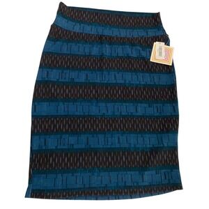 LuLaRoe Cassie Skirt Teal‎ Black Geometric Print Pencil Knee Length Size L